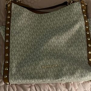 Michael Kors Monogrammed Shoulder Bag in Cream and Brown